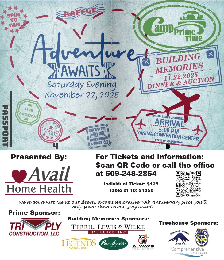 poster for camp prime time's biennial dinner and auction. Adventure Awaits.